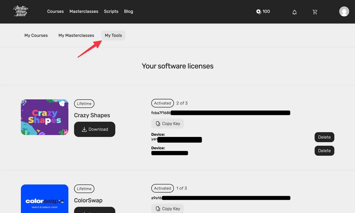 Library tools view showing license keys