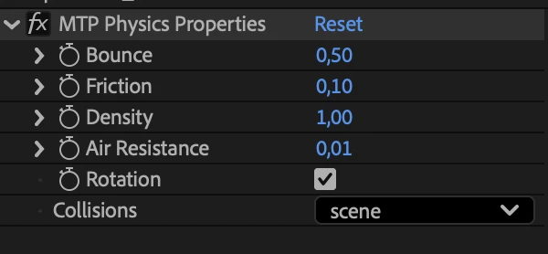 MTP Physics Properties effect in After Effects