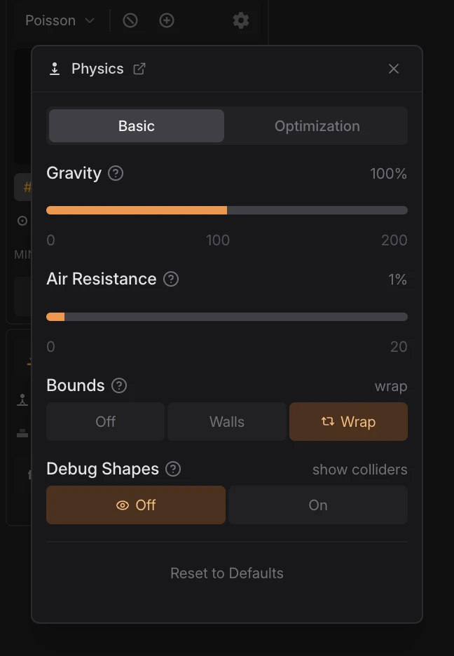 Physics settings - Basic tab